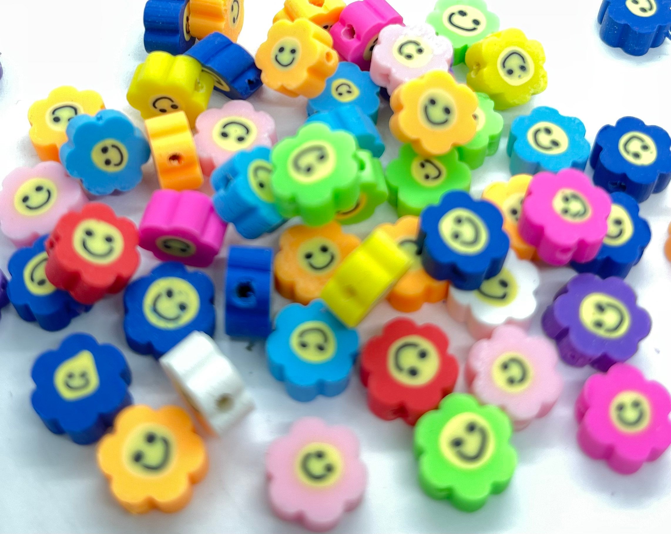 Happy flower beads, smiley face flower, polymer clay happy flower bead 9mm