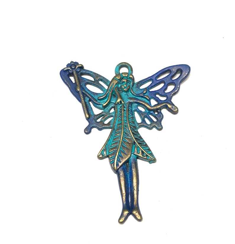Hand Painted Faux Aqua and Blue Patina Fairy 48mm x 39mm