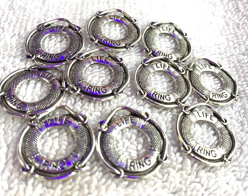 10 Life Ring Charms Antique Silver 23mm