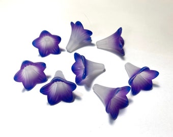 White And Purple with Navy Blue Hand Painted Tips Lucite Trumpet Flower Beads