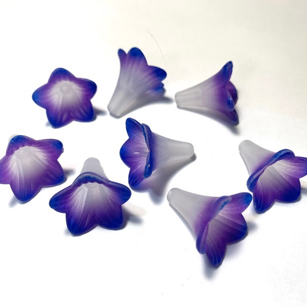 White And Purple with Navy Blue Hand Painted Tips Lucite Trumpet Flower Beads