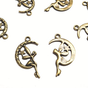 Fairy on Moon Charms Antique Bronze, 25mm x 14mm, 20 Charms