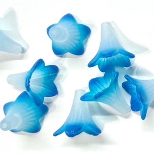 White And Aqua with Blue Hand Painted Tips Lucite Trumpet Flower Beads