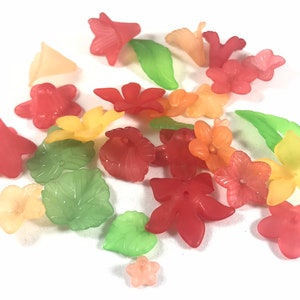Gemischte rote und orange Lucite Blumenperlen und Blätter - 28 Stück