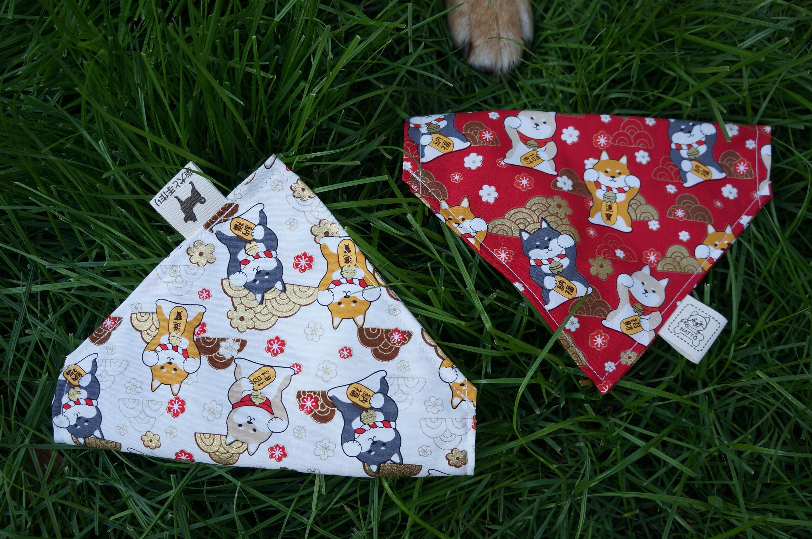 2Pcs Shiba Inu Chien Bandana Japonais Au Motif ?? et Seigaiha ??? Double Face