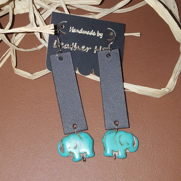 Leather Strip w/Turquoise Elephant Bead - 100% Genuine Leather Earrings- (Black)