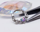 Bohemian Opal Daith Earring. Septum Ring. Body Jewelry Clicker. Tragus Earring. Septum Clicker. Rose Gold Hoop. Lacey CZ Purple Opal 16g