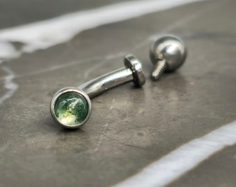 Moss Agate Stone Titanium Internally Threaded Minimalist Vertical Labret, Rook Earring, Curved Barbell, Eyebrow