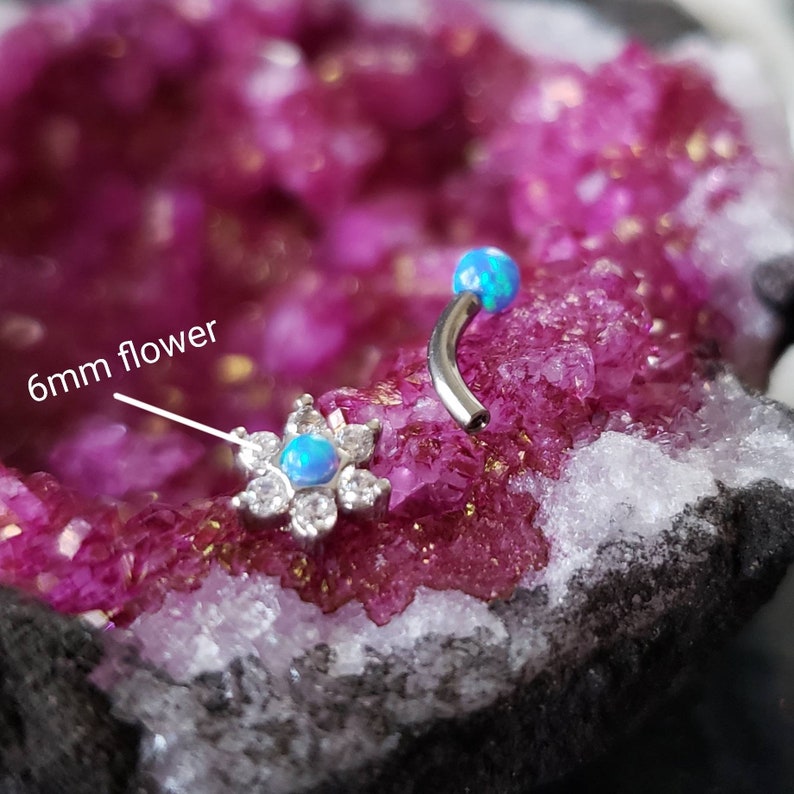 316L Stainless Steel Curved Barbell Vertical Labret Eyebrow Rook Ring Internally Threaded Opal Rook Earring Flower Blue Opal Barbell
