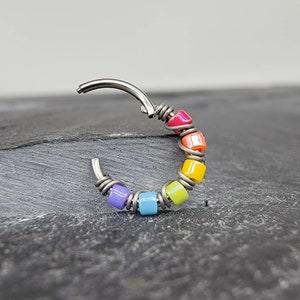 Cartilage Bright Rainbow Hoop, Helix Hoops, Simple Nostril Jewelry, Clicker Ring, Beaded Jewelry Earring 20g