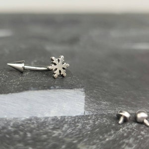 Snowflake Titanium Internally Threaded Minimalist Rook Earring, Implant Grade Titanium, Curved Barbell, Eyebrow Rook Ring, Vertical Labret
