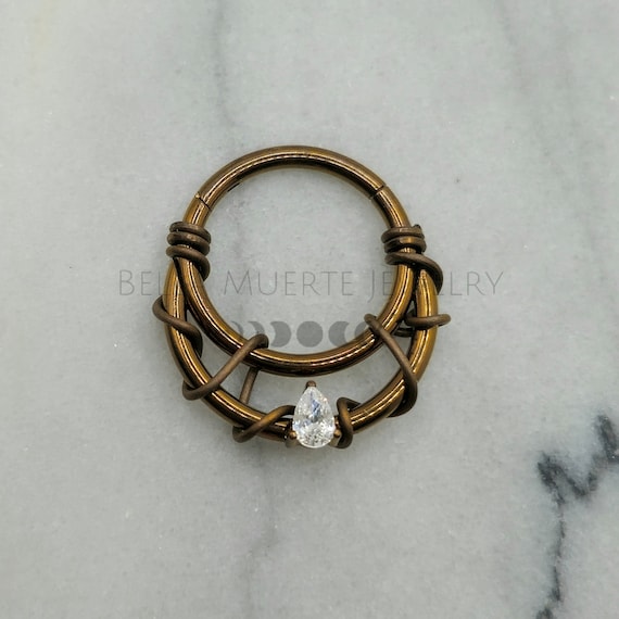 Tangled Goddess Antique Bronze Jeweled Double Septum Ring Titanium Anodized Piercing Clicker With Teardrop Cubic Zirconia Etsy UK