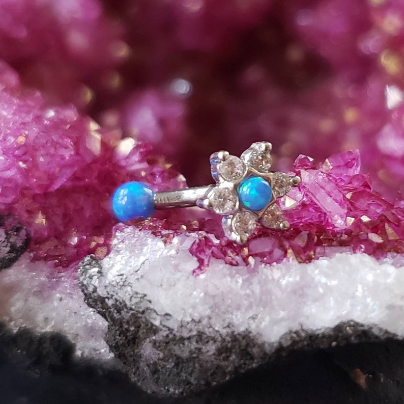 316L Stainless Steel Curved Barbell Vertical Labret Eyebrow Rook Ring Internally Threaded Opal Rook Earring Flower Blue Opal Barbell
