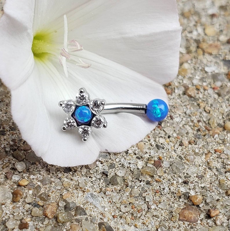 316L Stainless Steel Curved Barbell Vertical Labret Eyebrow Rook Ring Internally Threaded Opal Rook Earring Flower Blue Opal Barbell