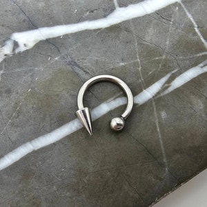 6mm Spike + 4mm Ball Titanium Lip Ring, Horseshoe Hoop Ring in 16g or 14g - 8mm, 10mm, 12mm