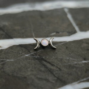 16g | Crescent Moon + Opal Labret in 6Al-4V-Eli Titanium, Cartilage Helix Earring, Philtrum Monroe Piercing Jewelry Stud