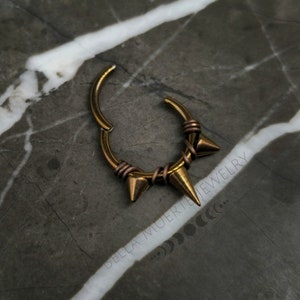Bronze Titanium Triple Spike + Wrapped Hinged Piercing Clicker, ASTM F 136 Anodized Nickel Free Septum Ring, Daith Earring Cartilage Earring