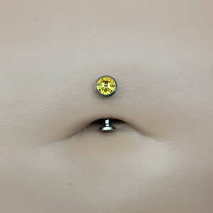 14g Titanium Minimalist Swarovski Bezel Set Citrine Yellow Internally Threaded Flat Curved Barbell, Floating Belly Button Navel Ring