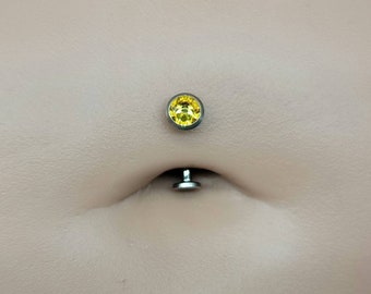 14g Titanium Minimalist Swarovski Bezel Set Citrine Yellow Internally Threaded Flat Curved Barbell, Floating Belly Button Navel Ring