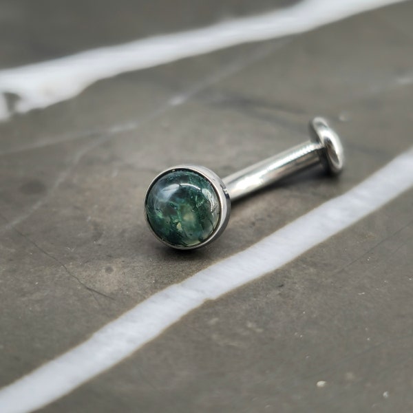 Moss Agate 14g Titanium Minimalist Internally Threaded Flat Curved Barbell, Floating Belly Button Navel Ring