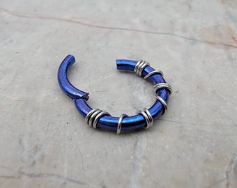 Midnight Blue Septum Clicker Banded / Wrapped Piercing Ring, ASTM F 136 TITANIUM Anodized, Conch Earring, Nipple Piercing Hoop