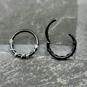 10g 12g 14g 16g 18g 20g Septum Clicker Banded / Wrapped Silver or Black Piercing Ring, 316L Surgical Steel Septum Ring, Conch Earring