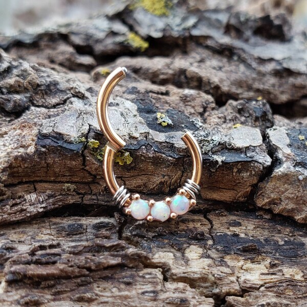 Triple Opal Rose Gold Daith Earring Hinged Clicker, Septum Ring, 16g 316L Stainless Steel Body Jewelry Clicker Opals 8mm Tragus Helix Lobe