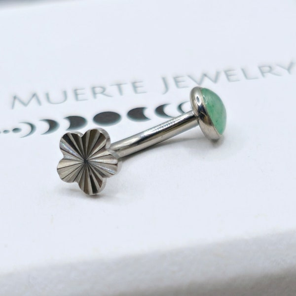 Green Jade + Groovy Flower Curved Barbell, Vertical Labret Piercing Jewelry, Rook Cartilage Earring, Natural Stone