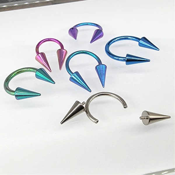 Large Spike Titanium Septum Ring, Horseshoe Hoop Ring in 14g or 16g - 8mm, 10mm, 12mm, 4x8mm Spikes