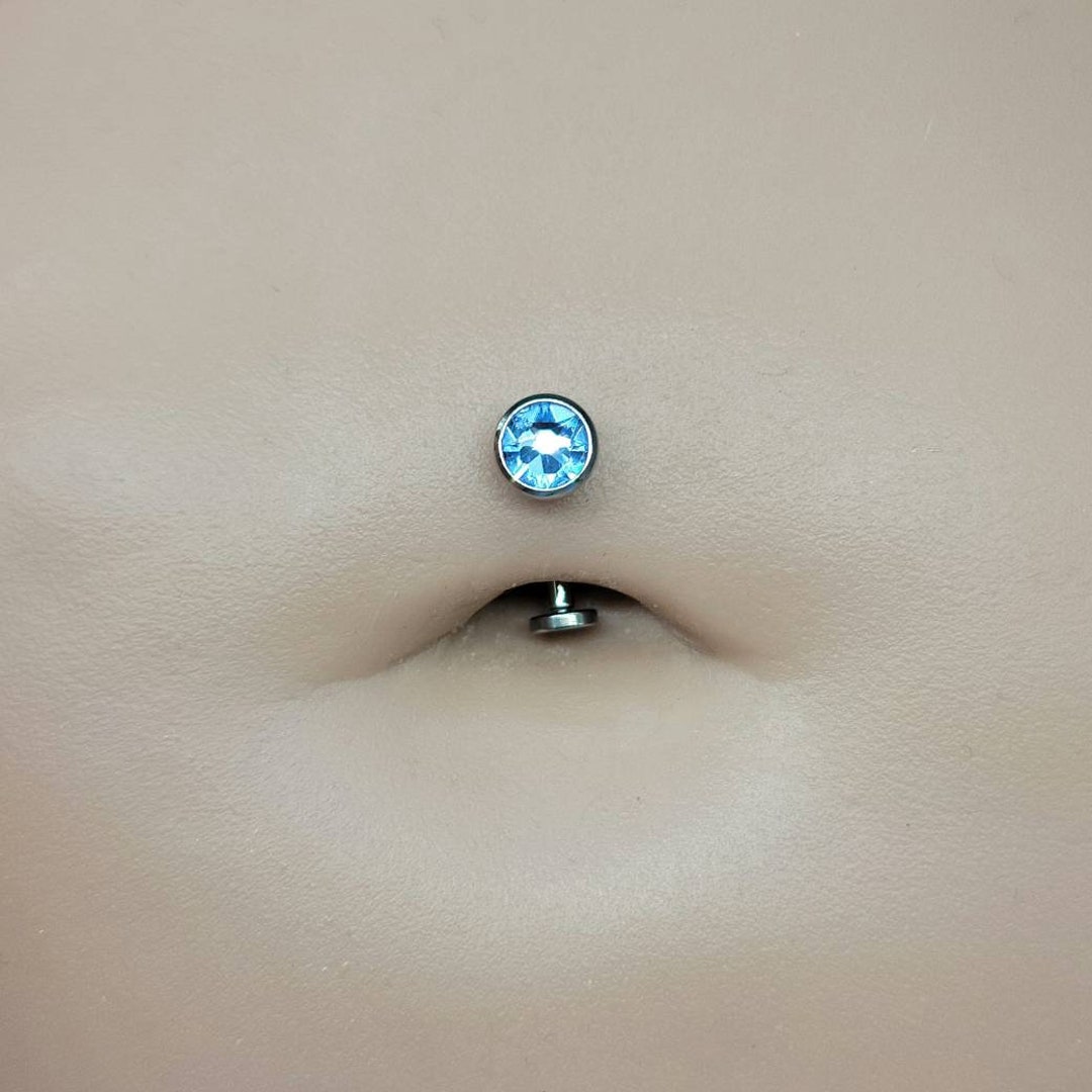 14g Titanium Minimalist Blue Swarovski Bezel Set Internally Threaded Flat Curved Barbell