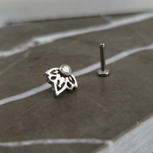 Titanium Lotus Zirconia Threadless Push Fit Labret, Cartilage Earring, Conch Helix Tragus Piercing, Philtrum Stud