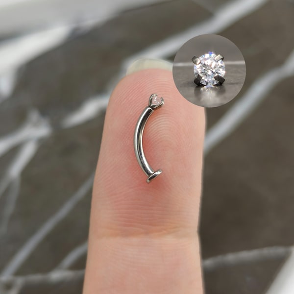 Tiny "Floating" Titanium Zirconia Internally Threaded Minimalist Vertical Labret, Rook Snug Cartilage Earring, Curved Barbell, Eyebrow