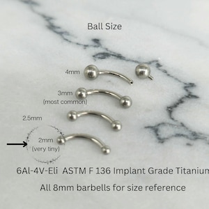 TINY 2mm Ball 16g Titanium Internally Threaded Minimalist Rook Snug Cartilage Earring, Curved Barbell, Eyebrow Ring, Vertical Labret image 8