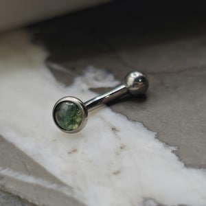 Moss Agate Stone Titanium Internally Threaded Minimalist Vertical Labret, Rook Earring, Curved Barbell, Eyebrow