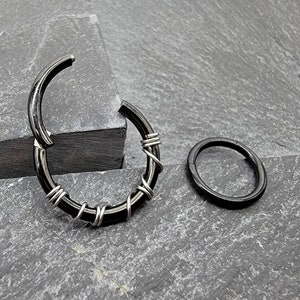 14g-20g Implant Grade Titanium BLACK Septum Clicker Piercing Ring, Banded Wire, ASTM F 136 TITANIUM, Conch Cartilage Earring Nose Ring Hoops