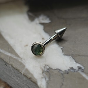 Moss Agate Stone Titanium Internally Threaded Minimalist Vertical Labret, Rook Earring, Curved Barbell, Eyebrow Spike Flat End Ball
