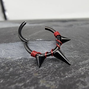 Black + Red Titanium Triple Spike + Wrapped Hinged Piercing Clicker, ASTM F 136 Nickel Free Septum Ring, Daith Earring, Cartilage Earrings