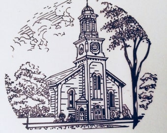 Custom Church Portrait 5x7 Black and White Pen and Ink Printed on cardstock Gift for him or her #502 WarrenDesignShop