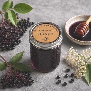 Könnte beinhalten: Ein Glas Holunderblütenhonig mit einem Etikett mit der Aufschrift "Sweet Summer Farms". Das Glas ist von Holunderbeeren, Blättern und einer kleinen Schüssel mit Honig und einem hölzernen Honiglöffel umgeben. Der Honig hat eine dunkelviolette Farbe.