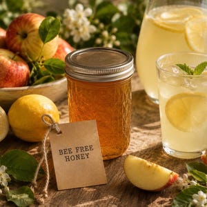 Op de afbeelding: Een pot honing met een metalen deksel en een label met de tekst "BEE FREE HONEY" staat naast een glas limonade met een citroenpartje en munt. Appels en citroenen zijn ook op de afbeelding te zien.