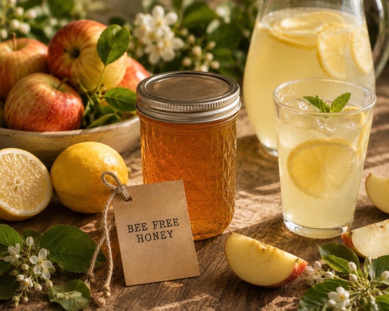 Op de afbeelding: Een pot honing met een metalen deksel en een label met de tekst "BEE FREE HONEY" staat naast een glas limonade met een citroenpartje en munt. Appels en citroenen zijn ook op de afbeelding te zien.