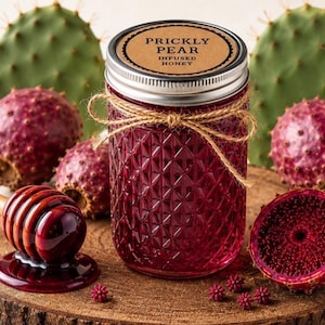 May include: A jar of prickly pear infused honey with a brown label and silver lid, tied with twine. The jar sits on a wooden surface with a wooden honey dipper, surrounded by prickly pears and cacti.