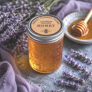 Può includere: Un barattolo di miele infuso alla lavanda con coperchio argentato ed etichetta marrone con la scritta "Sweet Summer Farms Honey". Il barattolo è circondato da rametti di lavanda viola e un piattino di miele con un cucchiaio di miele di legno.