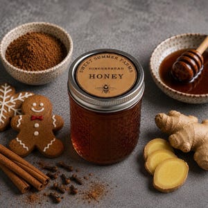 Puede incluir: Un tarro de miel de pan de jengibre con una etiqueta que dice "Sweet Summer Farms Gingerbread Honey" y una ilustración de abeja. La imagen también presenta galletas de jengibre, palitos de canela, especias molidas, clavos y jengibre fresco.