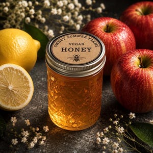 Op de afbeelding: Een pot veganistische honing met een etiket met de tekst "Sweet Summer Farms Vegan Honey" en een bijenillustratie. Rode appels en gele citroenen omringen de pot, met witte bloemen.