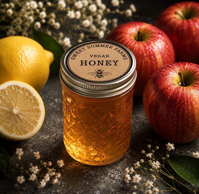 Op de afbeelding: Een pot veganistische honing met een etiket met de tekst "Sweet Summer Farms Vegan Honey" en een bijenillustratie. Rode appels en gele citroenen omringen de pot, met witte bloemen.