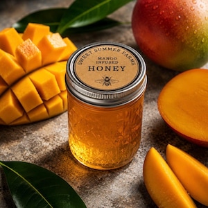 以下が含まれることがあります： 「Sweet Summer Farms Mango Infused Honey」のラベルと蜂のイラストが付いたマンゴー風味の蜂蜜の瓶。新鮮なマンゴーのスライスと丸ごとのマンゴー、緑の葉が周りに散らばっています。
