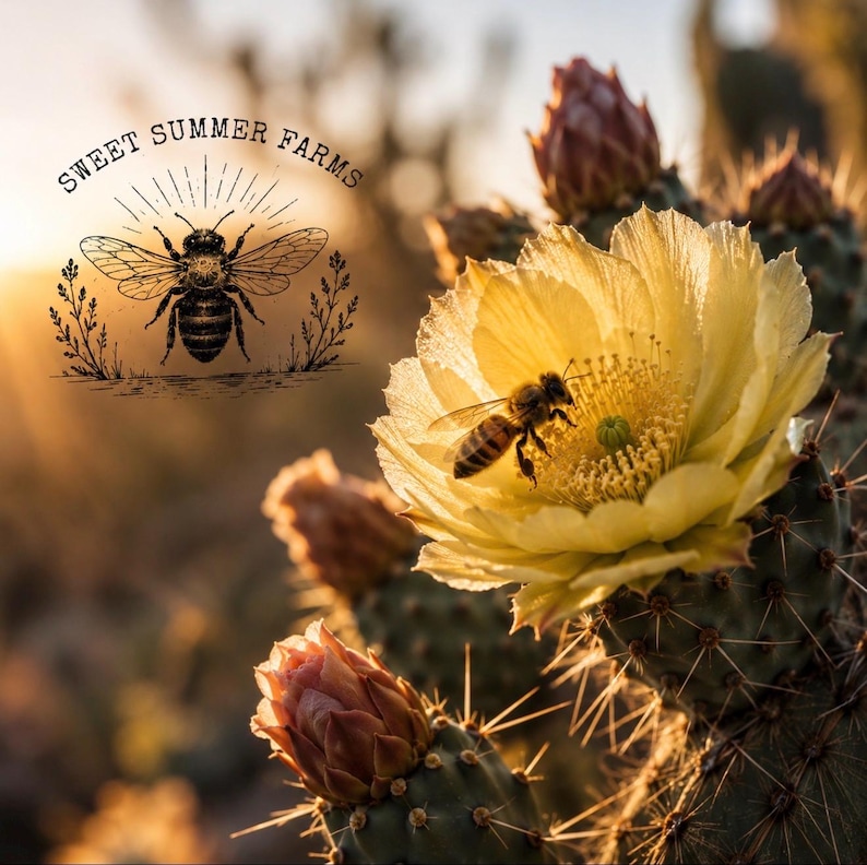 Op de afbeelding: Een bij bestuift een heldergele bloem op een cactus. De afbeelding toont de tekst "Sweet Summer Farms" met een bijenillustratie. De achtergrond is wazig met warm zonlicht.