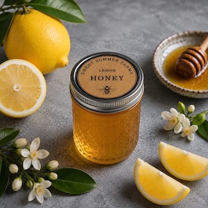 May include: A jar of lemon honey with a label that reads "Sweet Summer Farms Lemon Honey" and a bee illustration. The jar is surrounded by fresh lemons, lemon slices, white flowers, and a small bowl of honey with a wooden honey dipper.