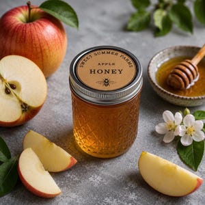 May include: A jar of apple honey with a label that reads "Sweet Summer Farms Apple Honey" and a bee illustration. The jar is surrounded by apple slices, a whole apple, and a small bowl of honey with a wooden honey dipper.